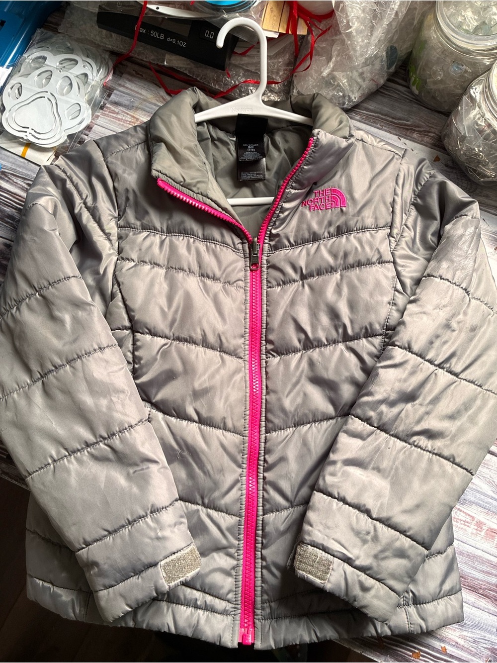 The North Face Kids Gray Puffer Jacket with Pink Zipper & Logo